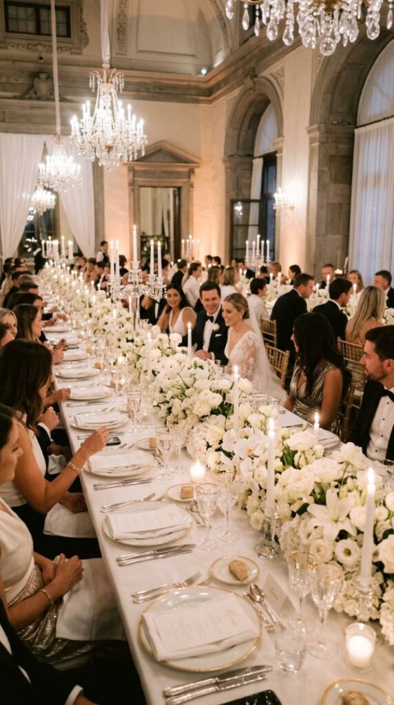 All-White Reception Dinner Setup