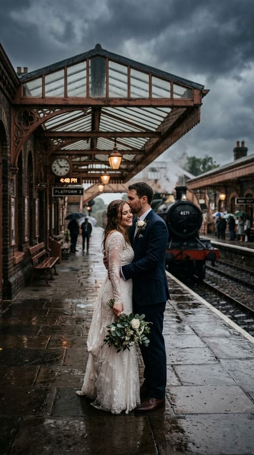 Holding Each Other at a Train Station During Rain