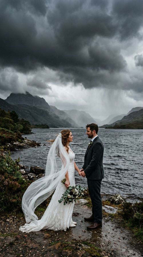 Holding Hands Beneath Stormy Clouds by the Water