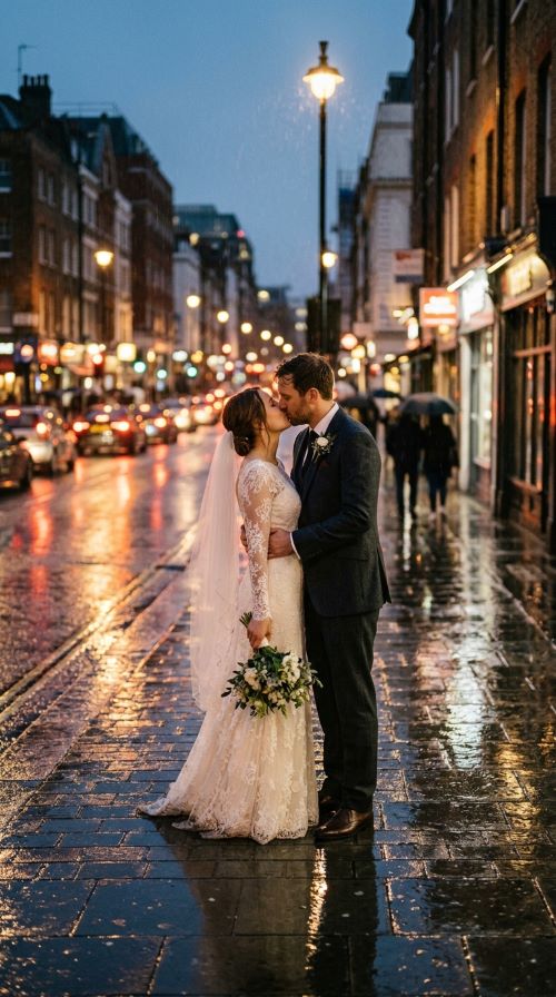 Kissing in Front of Reflections on Wet Pavement