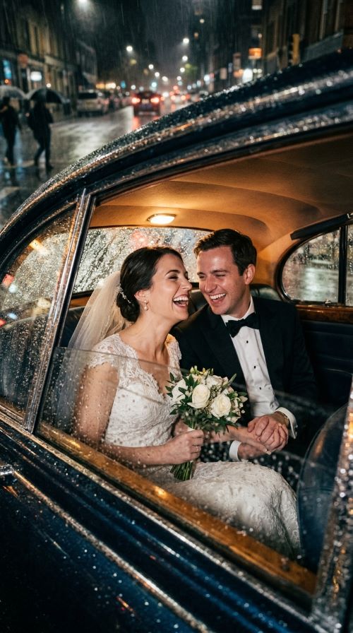 Laughing Inside a Vintage Car During Rainfall