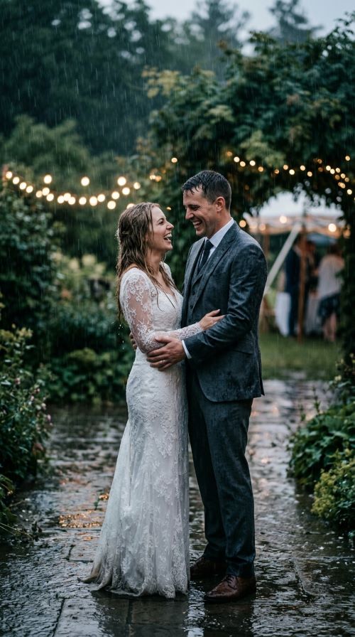 Laughing Together Beneath Heavy Rainfall