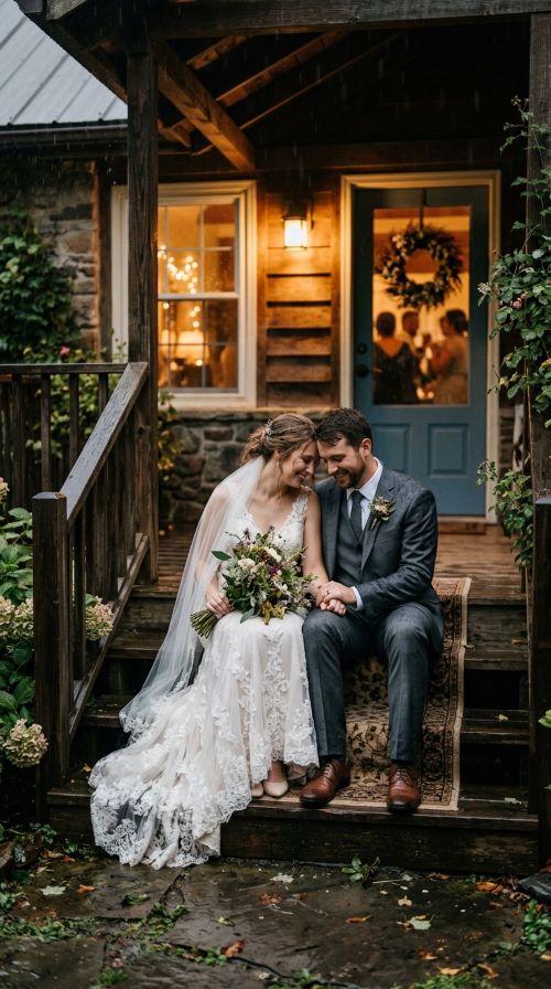 Sitting Together on Rainy Front Porch Steps