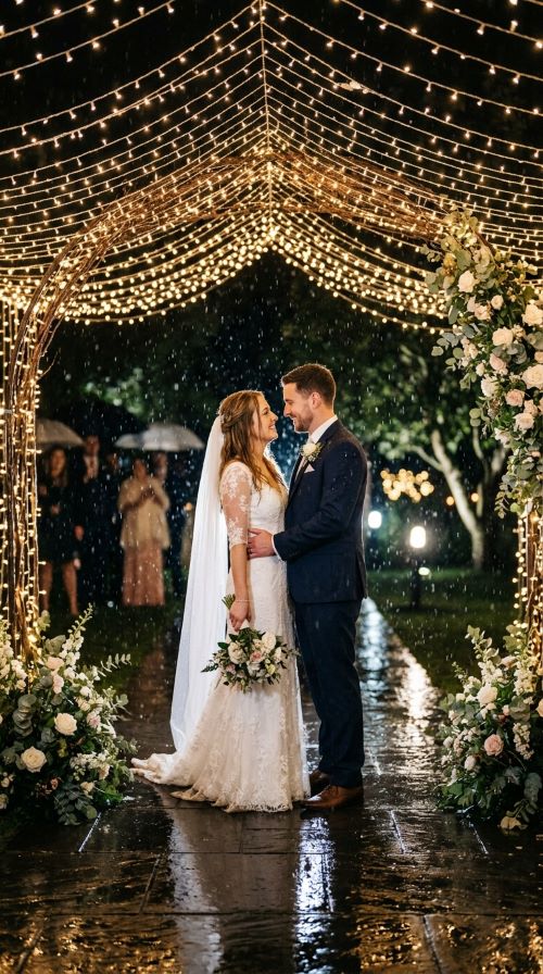 Standing Under Twinkling String Lights in the Rain