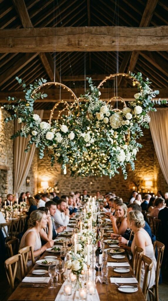 Suspended Floral Installation Above Tables