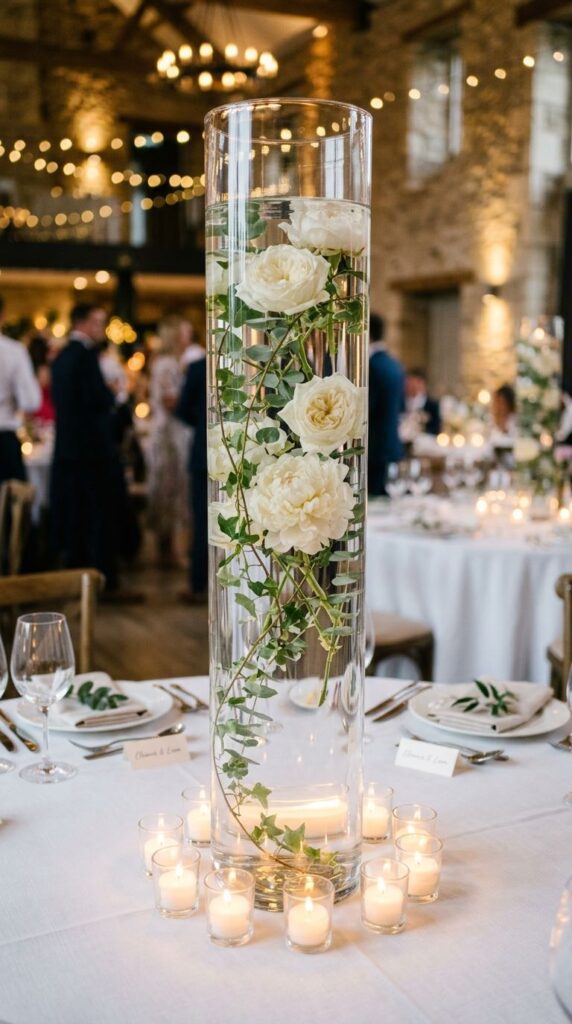 Tall Glass Cylinder Vase with Floating Florals