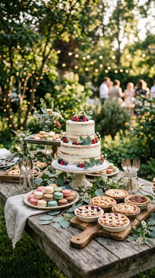 A Dessert Table Styled with Natural Wood and Greenery