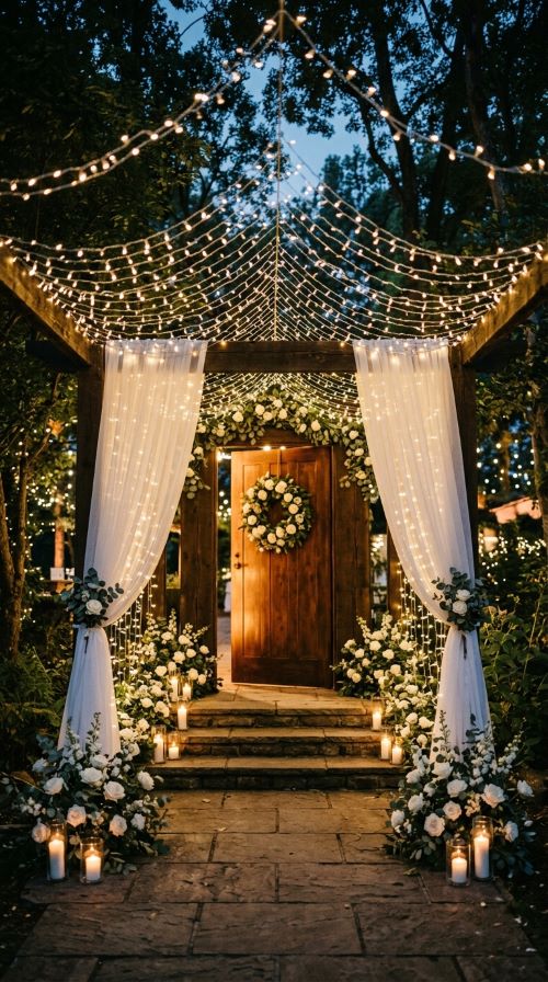 Canopy of Fairy Lights and Sheer Fabric