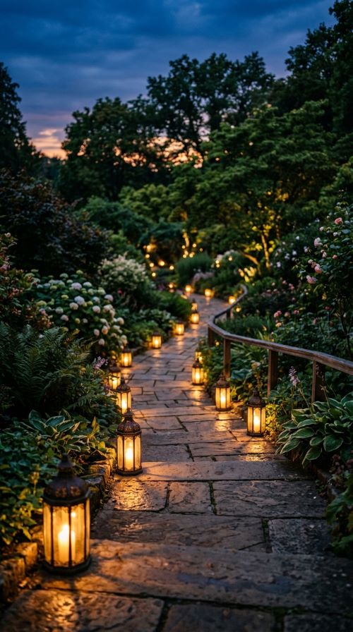 Lanterns Lining the Garden Pathway