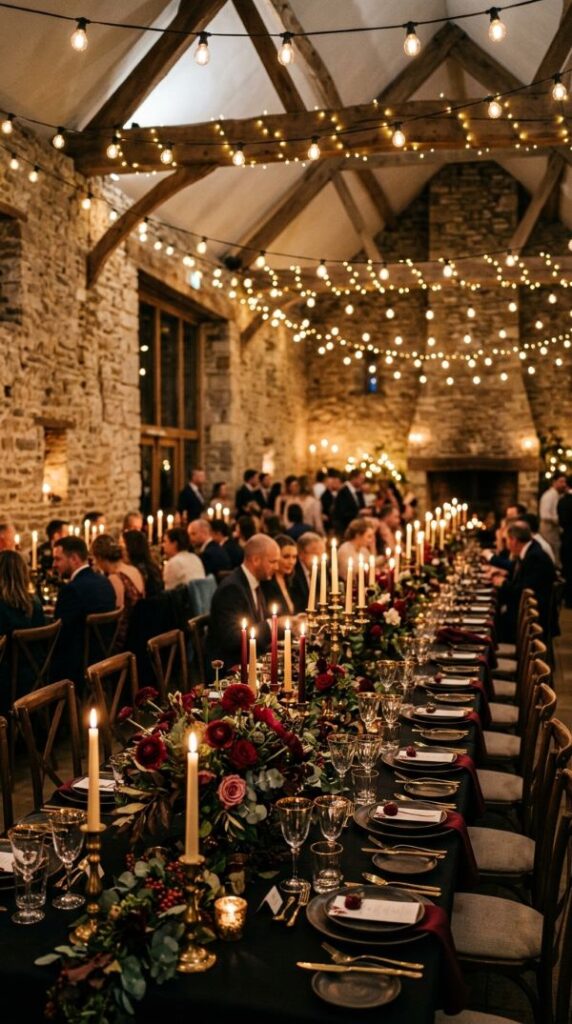 Long Banquet Tables with Dark Linens