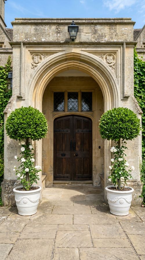 Potted Topiary Trees Flanking the Entry