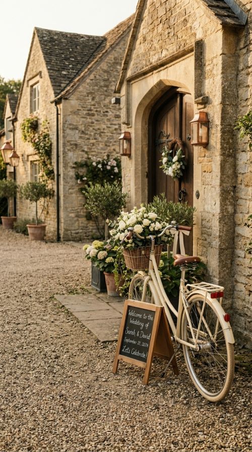 Vintage Bicycle with Floral Basket at the Entrance
