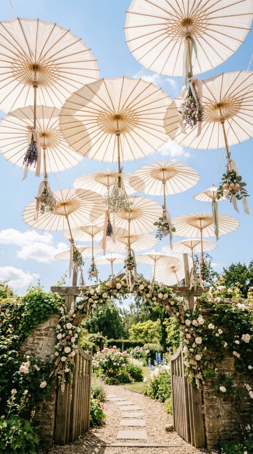White Parasol and Floral Canopy