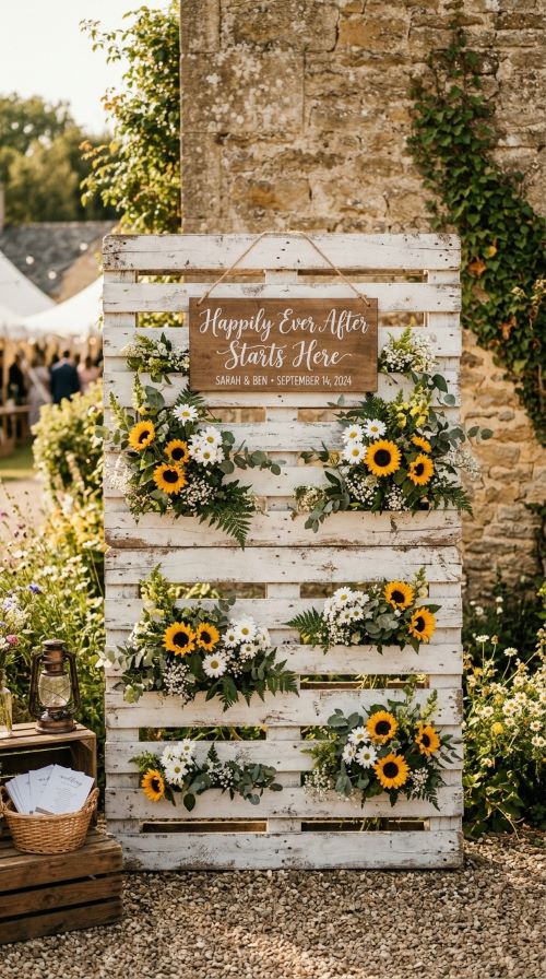 Wooden Pallet Backdrop with Flowers and Signage