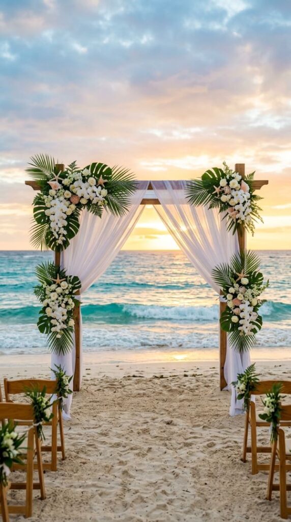 Beach Wedding Arch with Sheer White Drapes