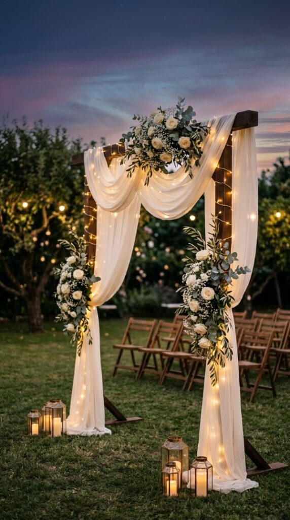 Fairy Light Wedding Arch for an Evening Ceremony