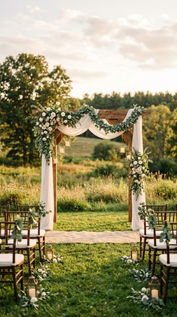 Rustic Wooden Arch with Flowing Fabric